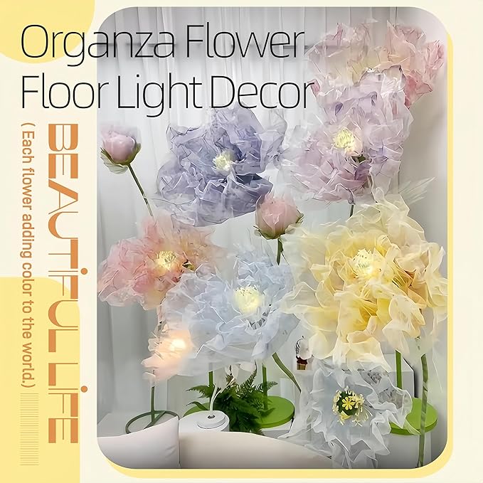 Giant Flowers for Decoration, 5 ft Large Organza Floral with LED Light, for Wedding Arrangements, Birthday Christmas Party Backdrop Decor, Photography Props, Shop Display, Pink Purple