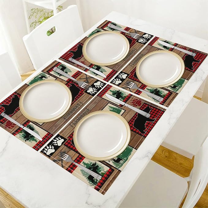 Rustic Cabin Bear Placemats Country Farm Lodge Moose Art Printed Dining Table Mats Set of 4 for Home Kitchen Holiday Picnic Party Decor 12x18in