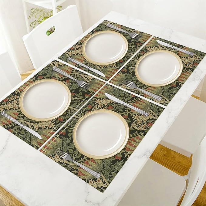 Vintage Boho Florals Placemats Set of 6, William Morris Retro Botanical Plant Foliage Place Mats, Heat Resistant Non Slip Cotton Linen Dining Table Mats for Home Kitchen Party 18x12 Inch