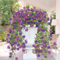 Purple Fake Mums Artificial Hanging Flowers Plants Fall Flowers for Outdoors Decor 2 PCS Faux Silk Daisy with Leaves Artificial Outdoor Flower for Planter Balcony Porch Patio Yard Decoration
