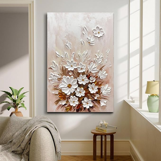 moshinart 24 x 36in Hand-Painted Oil Painting 3D Texture Black White Grey Modern Minimalist Black Abstract Wall Art, Home Office Wall Decoration pink flower