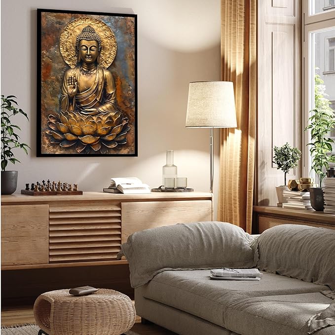 Buddha Wall Art Golden Buddha in Lotus Seat Serene spiritual statue radiant aura Meditation and mindfulness wall art suitable for sacred spaces 12x18in Metal blackFramed
