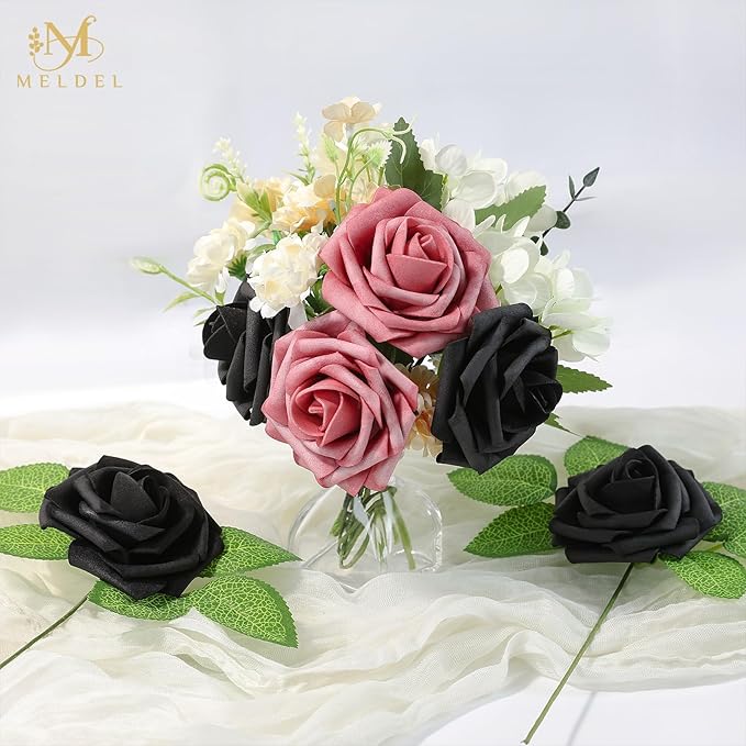 Meldel Artificial Flower 50pcs Real Touch Black Rose Fake Foam Roses with Stems for DIY Wedding Bouquets Gifts Bulk Crafts Faux Floral Centerpieces Arrangements Party Tables Home Halloween Decorations