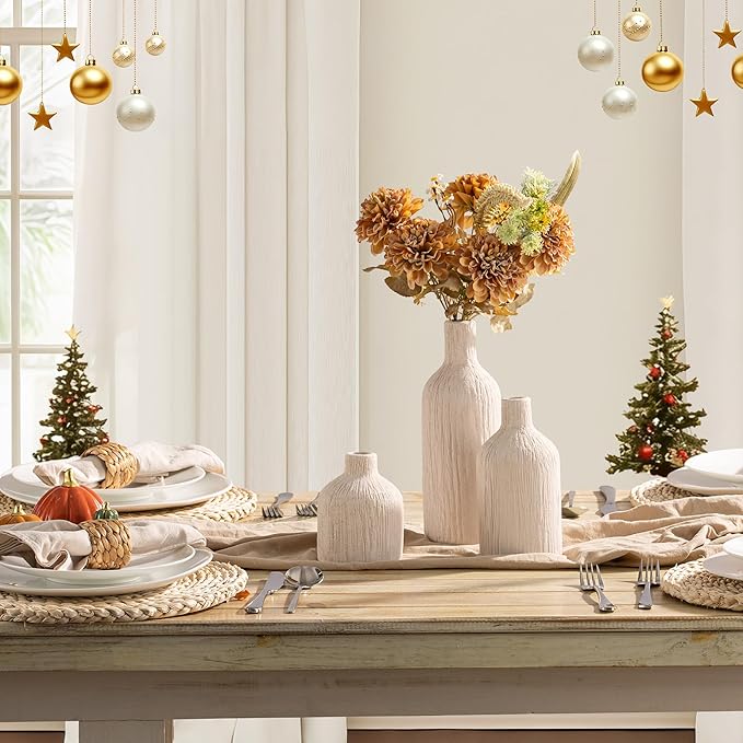 Ceramic Vase Home Table Decor - White Flower Vase Set of 3 Living Room Kitchen Decorations Farmhouse Modern Rustic Vases Decorative Centerpiece for Shelf Bedroom Office Bathroom Dining Coffee Desk