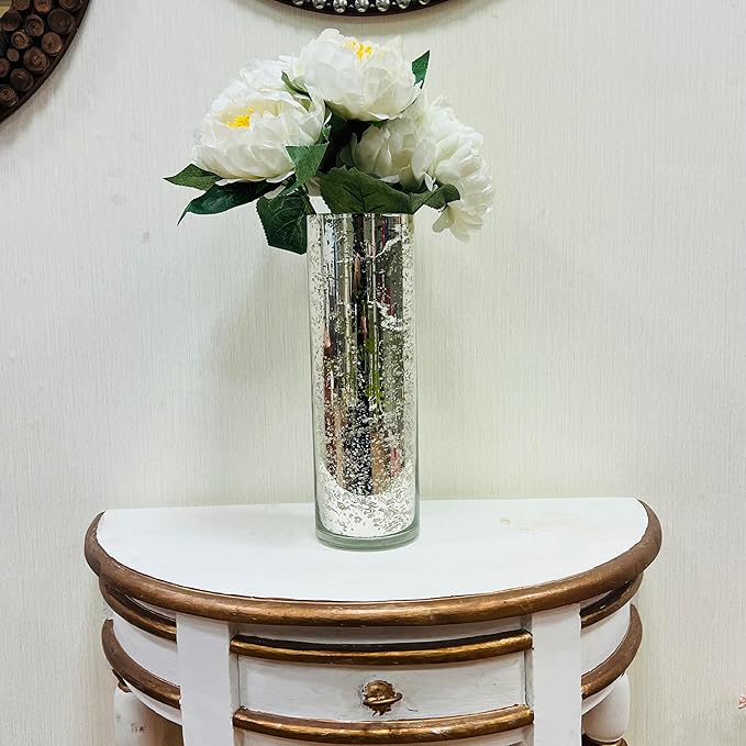 Hosley 12 Inch High Metallic Silver Speckled Finish Glass Floral Vase. Ideal Gift for Floral Arrangements Weddings Bridal Spa Meditation Reiki Rose Vase Nautical Settings Led Lantern Votive Garden P1