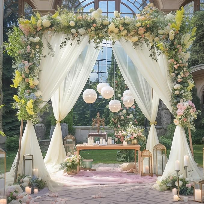 PARTISKY 20ft X 10ft Ivory Tulle Backdrop Curtain for Parites, Sheer Backdrop Curtains Fabric Drapes for Wedding Ceremony Arch Party Stage Decorations