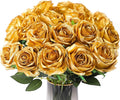 Veryhome 10 Pcs Artificial Gold Flowers Silk Roses Real Touch Bridal Wedding Bouquet Gold Rose for Christmas Home Garden Party Floral Decor