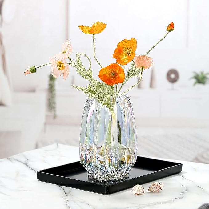 Glass Vase - Modern Ribbed Glass Vase for Flowers, Candles, and Decorative Accents -Black Grey, Amber, Clear and Colored Tall/Short Glass Vase for Centerpieces Home Table Decor (Colored, H-7.87inch)
