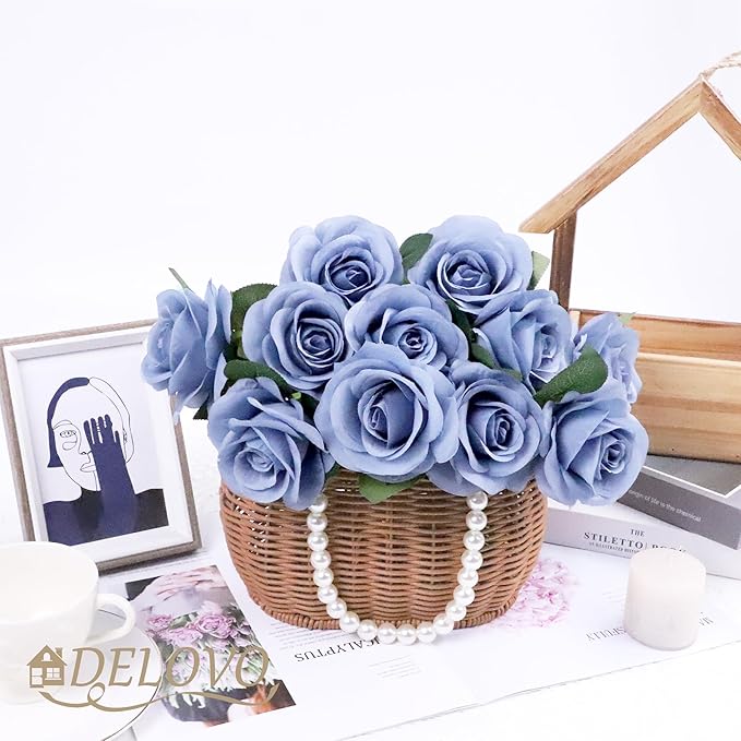 52pcs Dusty Blue Roses Artificial Flowers Fake Flowers Silk Roses with Stems for DIY Wedding Bouquets Bridal Shower Centerpieces Arrangements Party Decorations