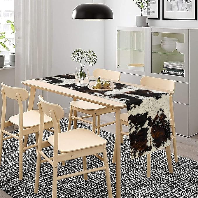 Cow Print Table Runner, Black White Cowhide Print Western Style Table Runner Country Farmhouse Cottage Cow Patten Table Decoration for Home Kitchen Dining, 13x60 Inch
