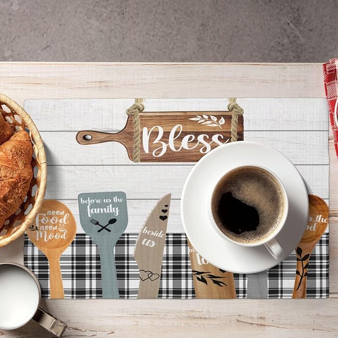 Fork Spoon Kitchen Table Placemats Set of 6 Retro Wooden Tableware Print Placemat Indoor Outdoor Party Home Desktop Dining Room Decoration 12x18 Inch