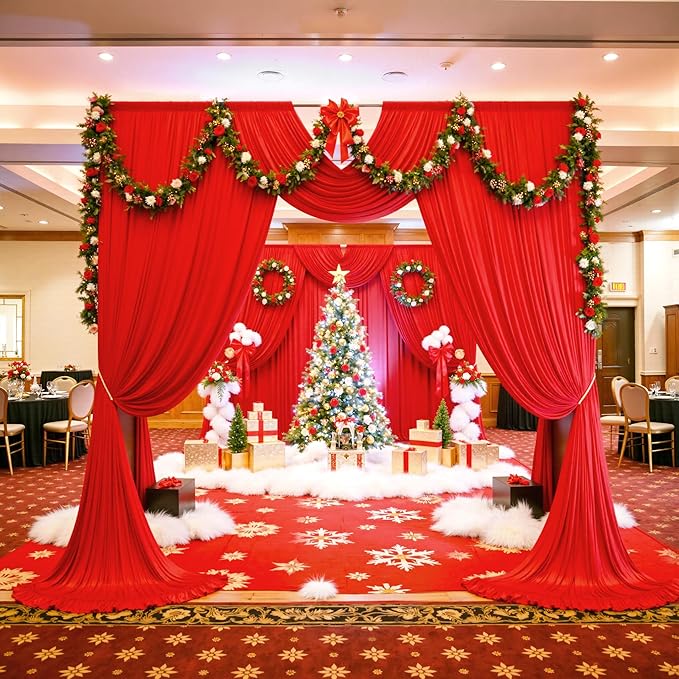 PartyVillage 10ft×15ft ChrismasRed Backdrop Curtain for Wedding Parties, 2 Panels Wrinkle Free 15 FT Long Polyester Photo Backdrop Drapes Back Drop Cloth for Birthday Photography Background
