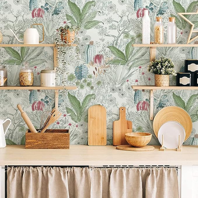 Erfoni 17.7inch x 393.7inch Floral and Leaf Wallpaper Floral Peel and Stick Wallpaper Green Contact Paper Vintage Flower Wallpaper Stick and Peel Self Adhesive Removable Wallpaper for Bedroom Decor