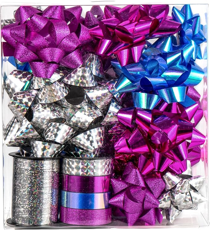 WRAPAHOLIC 16 Pcs Gift Bows Assortment - 14 Multi Colored Assorted Size Gift Bows(Purple, Silver, Blue), 2 Crimped Curling Ribbons, Perfect for Holiday, Party