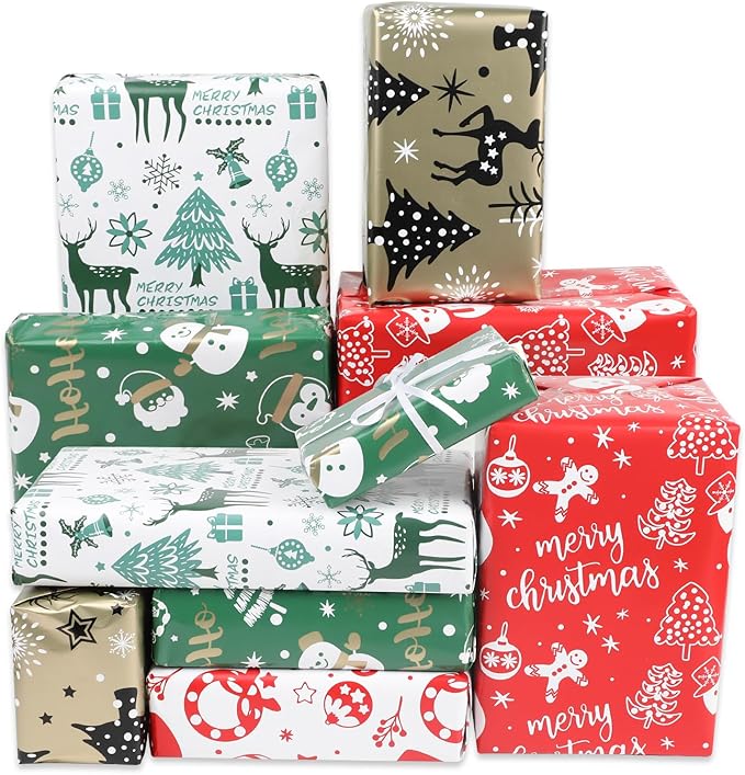 KIMOBER 5 Rolls Christmas Wrapping Paper with Cut Lines on Reverse,Colourful Coated Paper with Cartoon Xmas Elements(17in×118in Per Roll)
