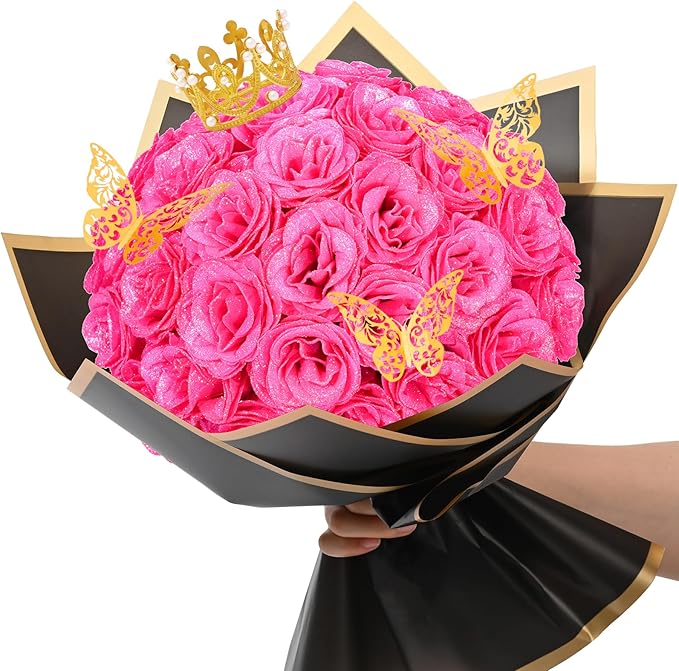 Waipfaru Glitter Roses Bouquet, DIY Fake Flowers Bouquet, Hot Pink Artificial Flower, Valentines, Anniversary, Engagement, Wedding, 36 Pcs