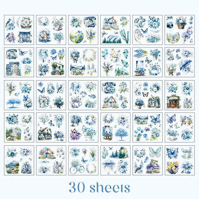Floral Stickers Set,30 Sheets Blue Waterproof PET Clear Flower Stickers for Scrapbooking Journaling Bullet Journal Junk Journal Supplies