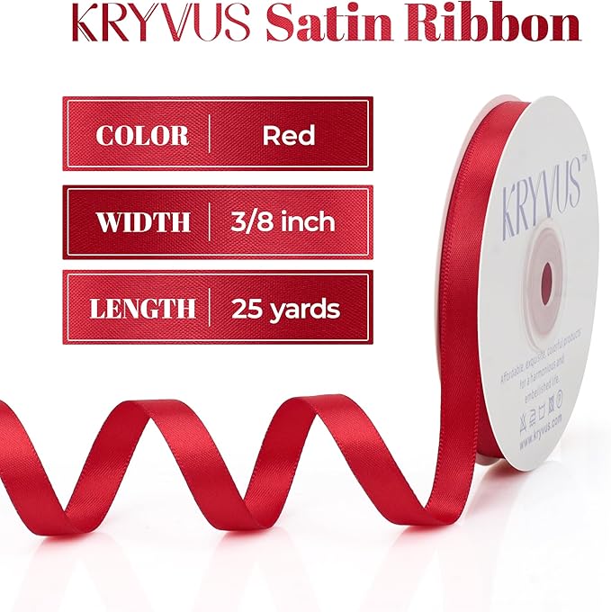 Red Satin Ribbon, Double Faced 3/8 Inch X 25 Yards Red Ribbon, Premium Satin Ribbon for Gift Wrapping, Crafts, Hair Bow Making, Sewing, Flower Bouquet, Wedding Party Decor