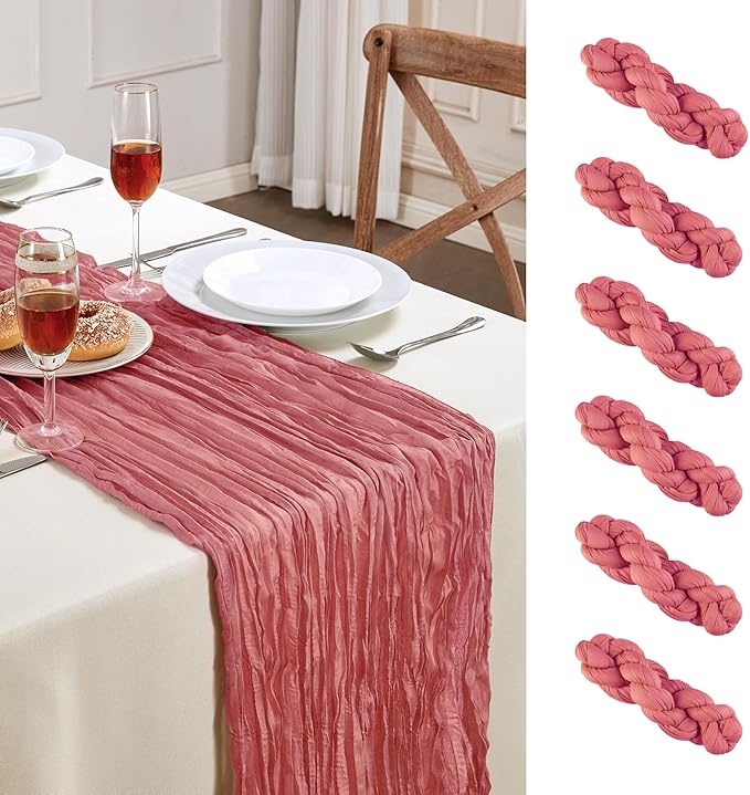 6 Pack Rose Cheesecloth Table Runner 10FT Long Boho Gauze Table Runner Rustic Sheer Runner for Wedding Bridal Baby Shower Birthday Party Table Decor Thanksgiving Christmas Decorations