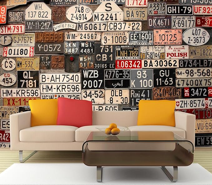 Eierme-Old License Plates from Around The World Mural Wallpaper Peel and Stick 137" x 102"