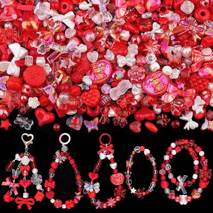 Assorted Acrylic Beads, 200-260PCS Red Cute Beads for Bracelet Making, GummyBear Bow Flower Candy Kawaii Charms for Jewelry Making DIY Necklace Keychain Phone Charm Christmas Gift