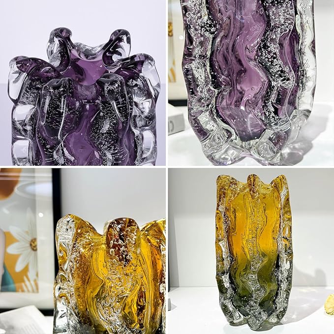 Blown Glass Bubble with Ruffled Edge Vase, Art Glass for Home Decor, Tall Vases for Centerpieces & Flowers, Crystal-Like for Bouquets & Pampas Grass, Vases Amber, Flower Bouquet Display (Purple, L)