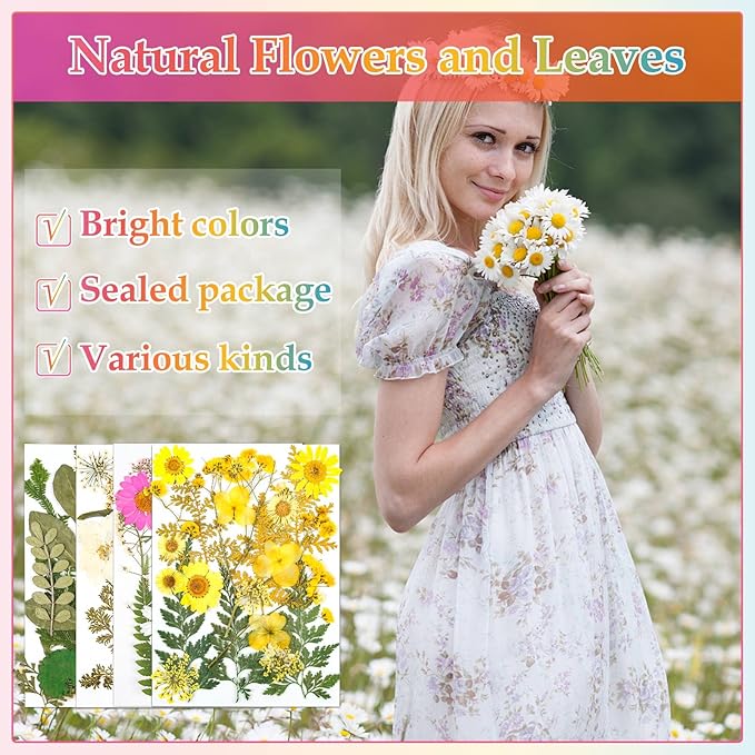 Dried Flowers for Resin, Real Nature Dried Pressed Flower Leaves Bulk with Tweezers for DIY Nail Art Cards Scrapbooking Crafts Jewelry Making Epoxy Resin Molds Candle Accessories Floral Decors