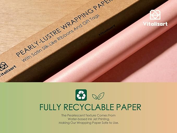 Vitalizart Pink Wrapping Paper Set 30" Pearly-Lustre With Silk Like Satin Ribbon & Gift Tags Recyclable Christmas Gift Wrapping Birthday Baby Shower Wedding Handmade Crafts 197"(16.4 Ft)