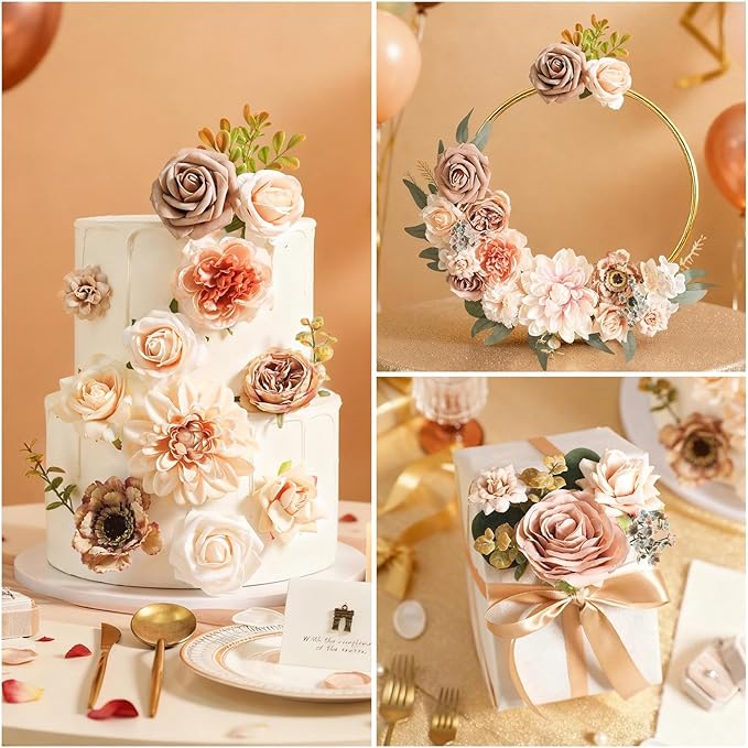 Artificial Flowers Combo Fake Roses Silk Flowers with Stems for DIY Wedding Bridal Bouquets Table Centerpieces Cake Birthday Baby Shower Wedding Anniversary Home Decorations(Champagne Nude)
