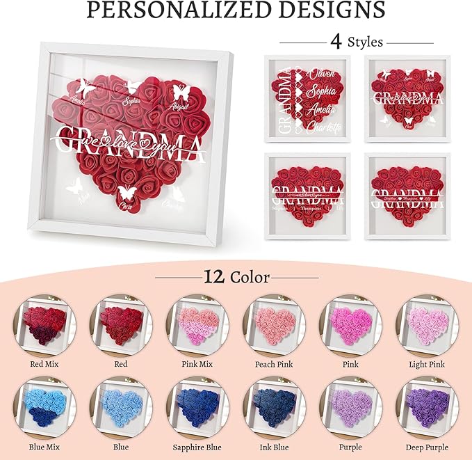 Mom We Love You - Personalized Flower Shadow Box with Names, Christmas Mothers Day Flower Box Gifts for Mom (Style 2-Grandma with Names)