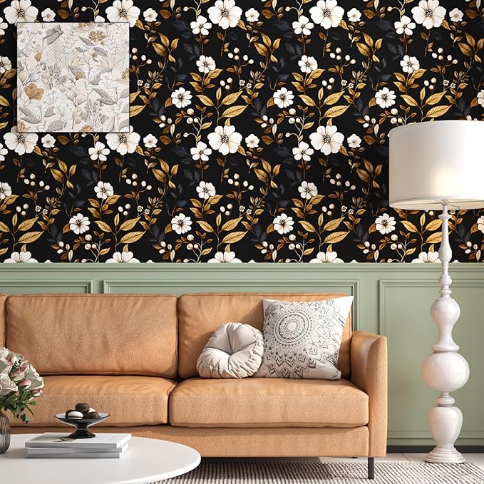 Vintage Black Floral Wallpaper Peel and Stick 17.4" x 118", Retro Golden Leaf White Flower Pattern Contact Paper Classic Removable Covering for Bedroom Bathroom Cabinet Drawer Home Decor Dark