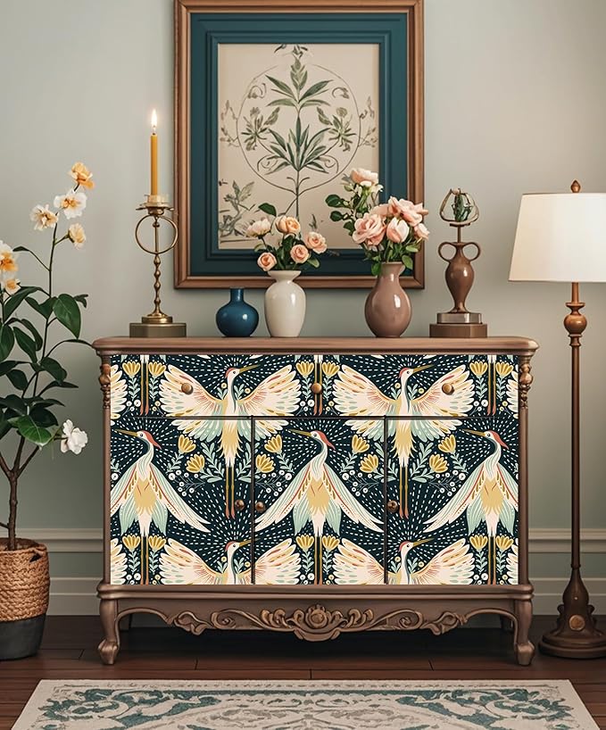 HAOKHOME Crane Wallpaper Peel and Stick Boho Floral Bird Dots Wall Paper Japanese Chinoiserie Dark Green/Beige/Yellow Accent Wall Decor 17.3in x 9.8ft