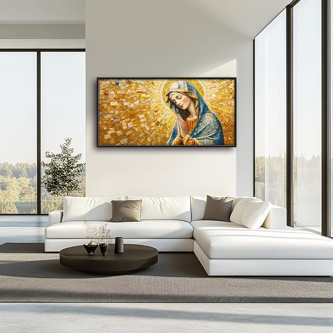 Extra Large Virgin Mary Framed Wall Art for Living Room,Oversized Golden Christian Religious Pictures Wall Decor,Canvas Print Painting Modern Artwork Bedroom Office Bathroom 60L x 30W