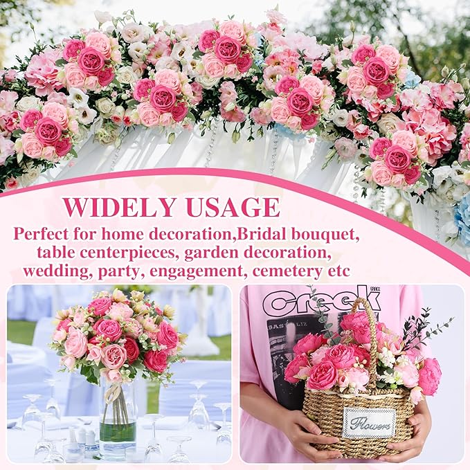 16 Pack Pink,Hot Pink Peonies Artificial Flowers,Fake Silk Hydrangea Bouquet for Bridal Wedding Home Table Decor Reusable Dining Opening Ceremony Birthday Arrangement Faux Floral