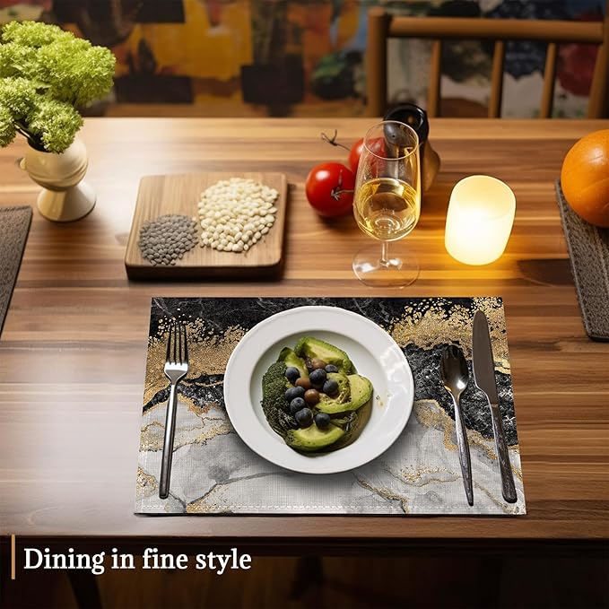 Black Gold Marble Placemats Set of 6 Washable Table Mats for Kitchen Dining Table,Heat-Resistant Place Mats for Indoor Outdoor Party Holiday Decoration