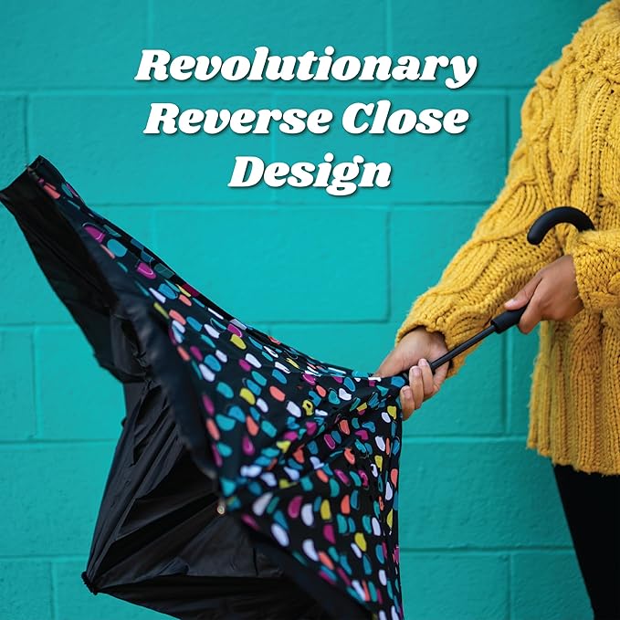 Totes InBrella - Reverse Close Umbrella with Invisible Water Repellent Coating - Auto Close, Inverted, Dripless, and Stormproof for Rainy Weather