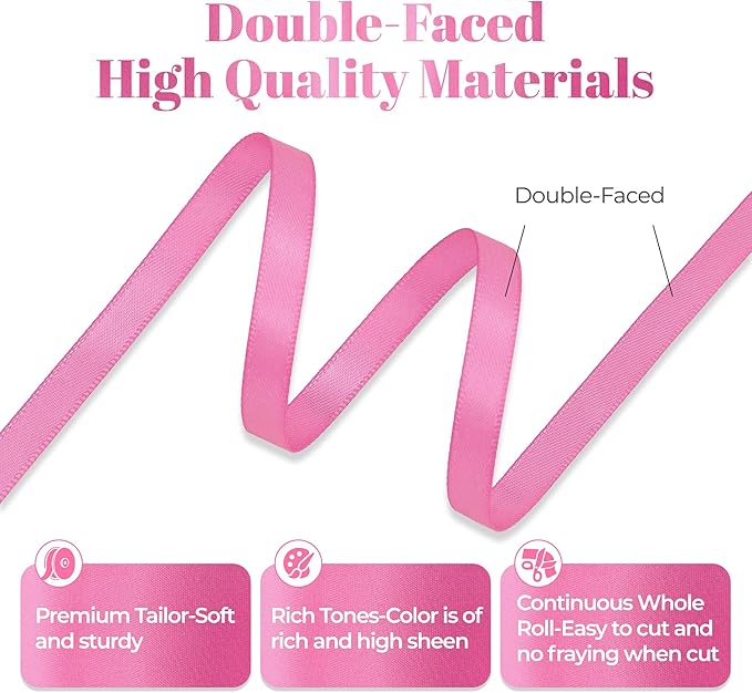 Hot Pink Satin Ribbon, Double Faced 1/4 Inch X 25 Yards Hot Pink Ribbon, Premium Satin Ribbons for Gift Wrapping, Crafts, Hair Bow Making, Sewing, Flower Bouquet, Wedding Party Decor