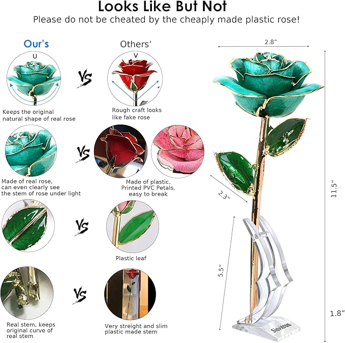Sinvitron Gold Dipped Rose 24K Real Rose, Long Stem 24k Gold Plated Rose with Stand, Birthday Gift for Women,Gifts for Mom, Dipped Gold Rose for Anniversary, Mothers and Valentines Day (Light Blue)