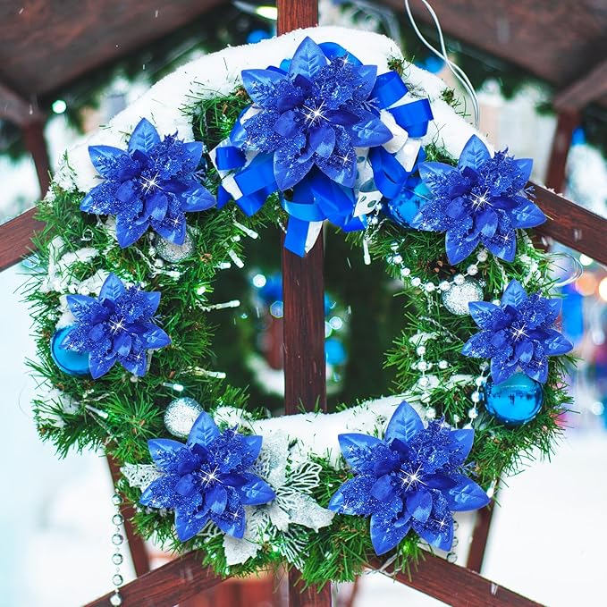 Geosar 36 Pcs Christmas Glitter Artificial Poinsettia Flowers Xmas Poinsettia Artificial Wedding Flowers Decorations Xmas Tree Ornaments with Clips for Party, 6 Inch, 4 Inch, 3 Inch(Royal Blue)