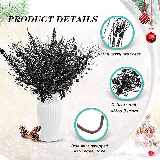30 Pcs Artificial Christmas Tree Picks and Sprays Glitter Berry Stem Branches Holly Floral Picks Twigs Christmas Tree Ornaments for DIY Xmas Wreath Vase Filler Decorations(Black)