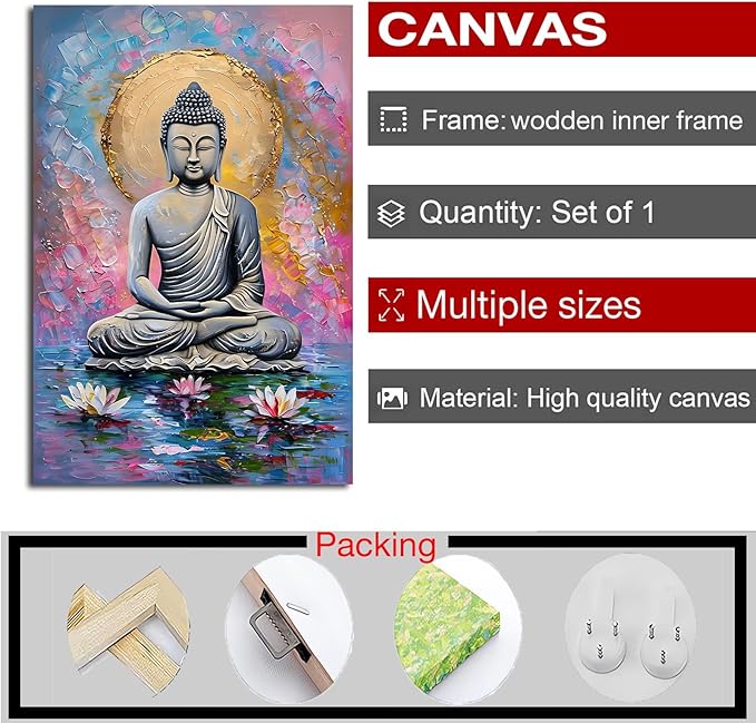 Lotus and golden Buddha meditation tranquil zen wall art mindfulness wall art for spiritual harmony and tranquility decor 24x36in Wood Framed