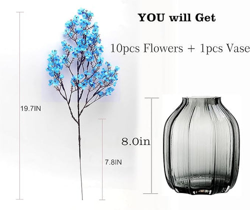 10pcs Babys Breath Artificial Flowers With Vase Gypsophila Bouquet Bulk Fake Spring Silk Flowers Real Touch Faux Floral for Home Bedroom Kitchen Garden Wedding Christmas Party Decor (Blue)