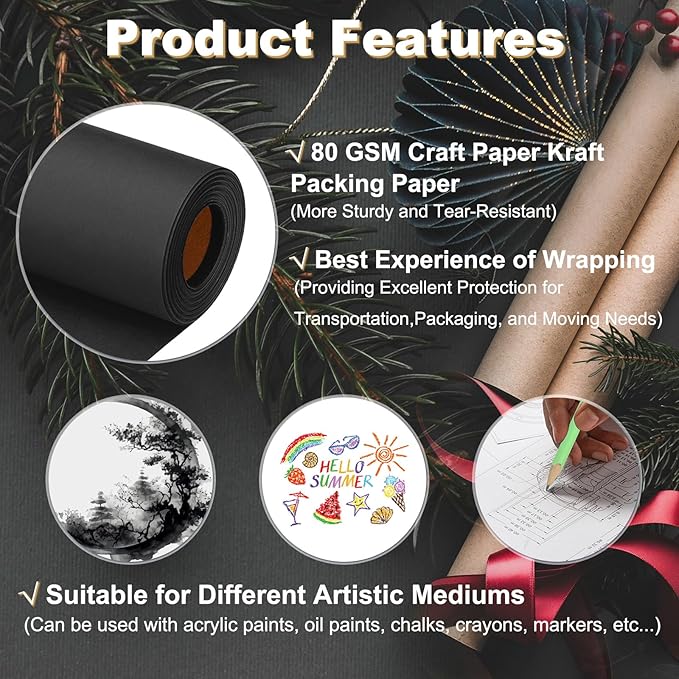 PATIKIL Wrapping Paper, 12"x1000"(80') Bulletin Board Paper Roll Kraft Paper Roll Construction 80GSM for Shipping Packing Gift Wrapping Craft Flower Bouquet Christmas, Black