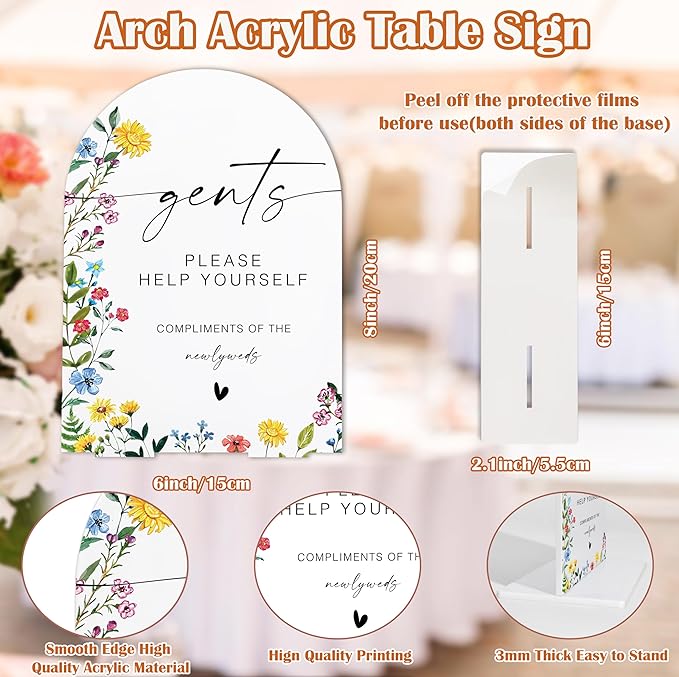 Acrylic Wedding Signs Gents Please Help Yourself Sign, Wedding Bathroom Basket Supplies, 6x8" Floral Themed Arch Acrylic Table Decor, Love Is In Bloom Decorations for Bridal Shower Baby Shower