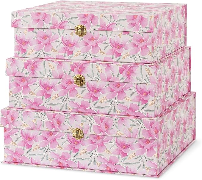 Soul & Lane Pink Floral Cardboard Decorative Storage Boxes with Gold Hardware - Set of 3, Garden Blush - Stacking Boxes with Lids for Home Decor and Organizing, Elegant Design
