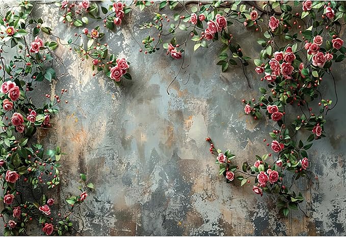 Baocicco 20x10ft Vinyl Old Floral Wall Photography Background Retro Texture Wall Grain Pink Rose Fairytale Birthday Backdrops Medieval Wedding Events Party Decorations Newborn Baby Shower Studio