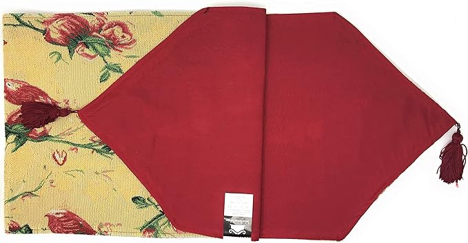 Tache Floral Red Roses Birds Golden Woven Table Runner - Vintage Tapestry Kitchen Dining Dinner Linens Cloth - 13 x 72 inches