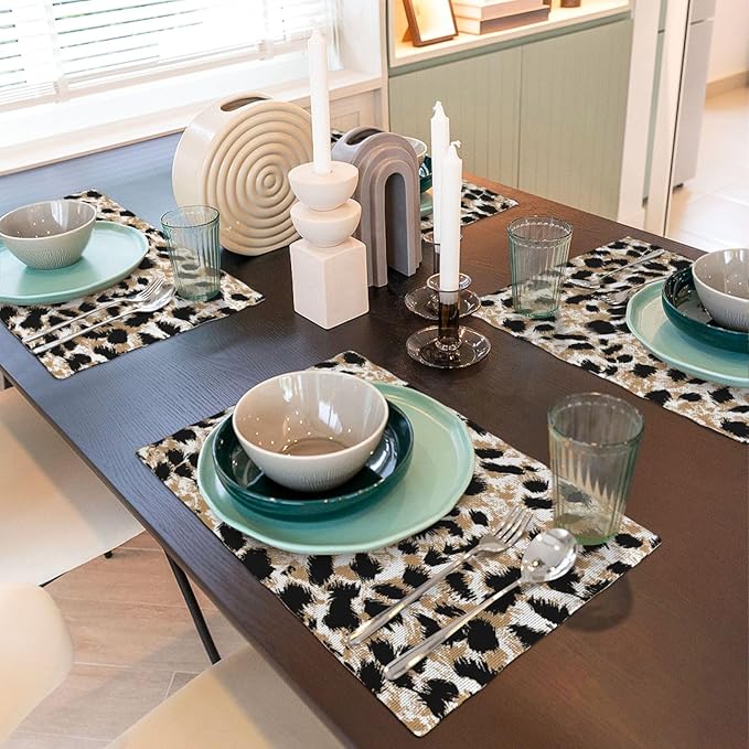 Placemats 4 pcs Leopard Double-Layer Imitation Linen Place Mats Non-Slip Heat-Resistant Tablemats for Home Restaurant Hotel 18×12 Inch