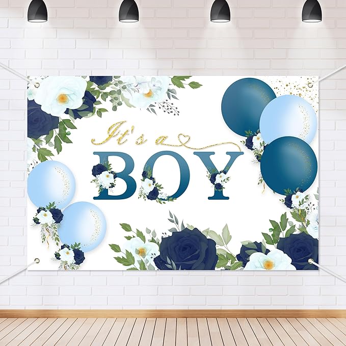Floral It's a Boy Baby Shower Backdrop Banner Simple Style Flowers Theme Background Decor for Boys Newborn Baby Shower Party Decorations Photo Studio Props Supplies 72x43in-BECKTEN