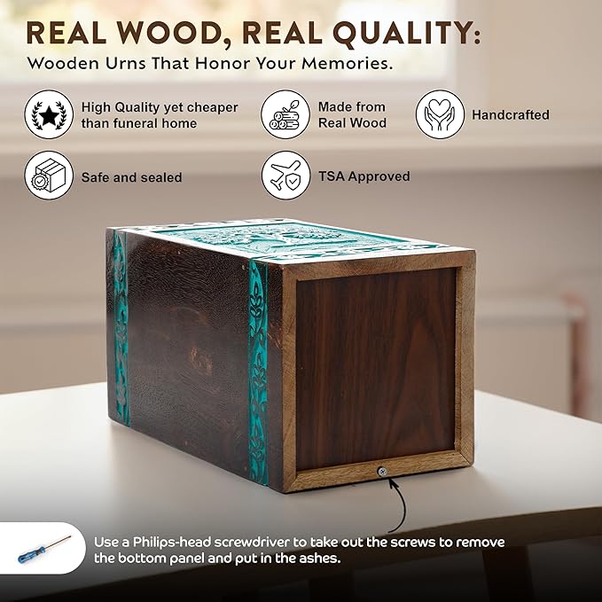 INTAJ Wooden Cremation Urns for Human Ashes - 115 lbs, Handcarved Tree of Life Design, Suitable for Men, Women, Mom, Dad - TSA Approved, Decorative Memorial Urn Box, Green